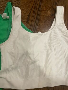 Zenana Outfitters Ribbed Tank in Bright Green plus white sport bra
